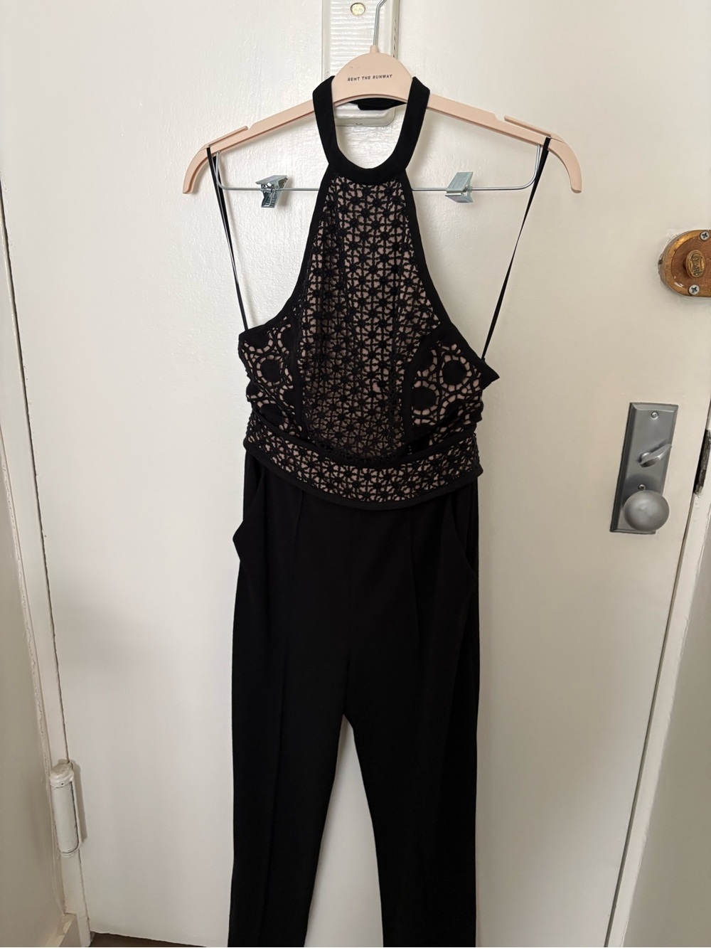 Style walker  Black Lace Halter Jumpsuit with Nude Lining Accents